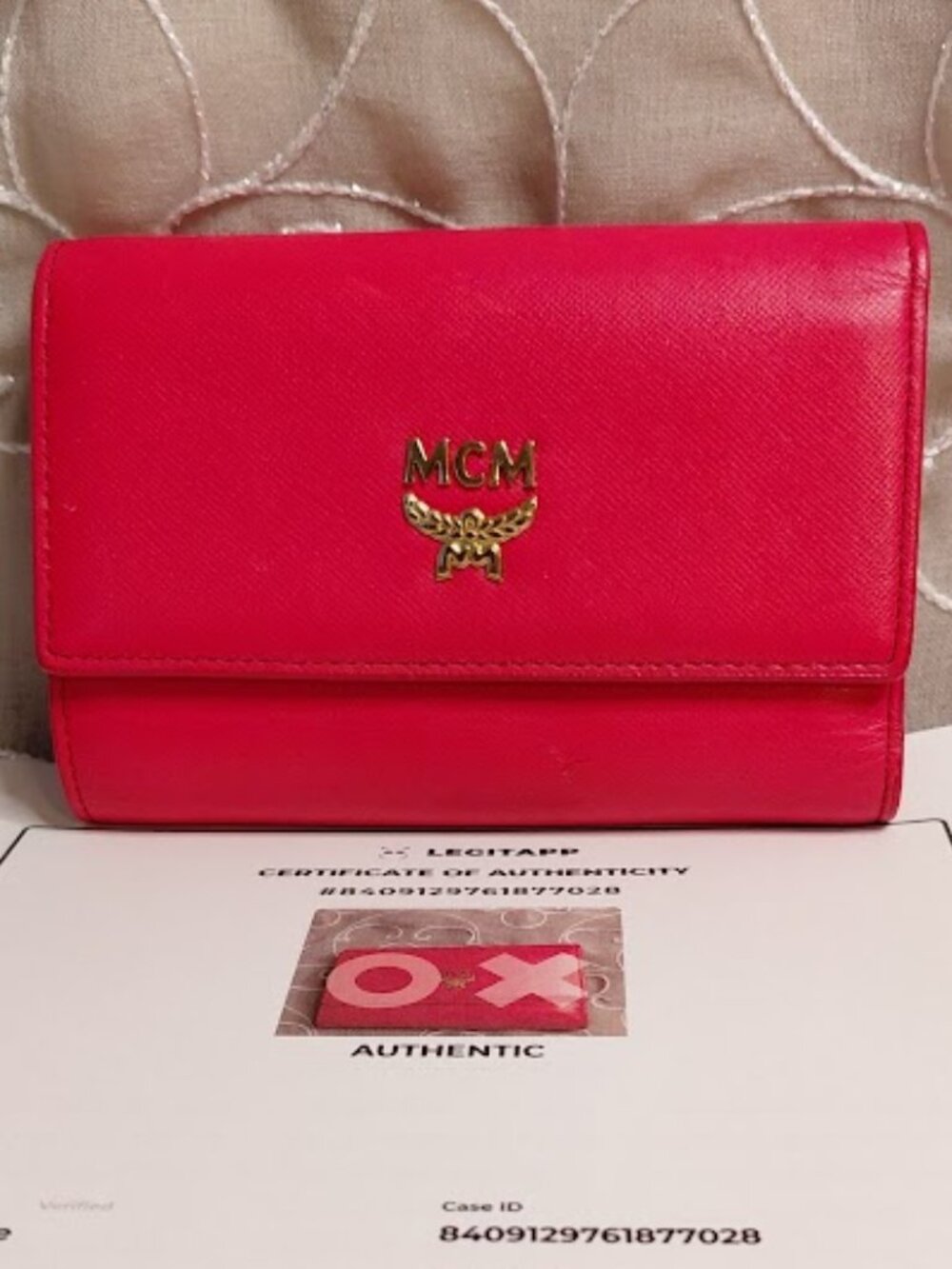 MCM Pink & Orange Leather Trifold Wallet Gold Hardware Authentic